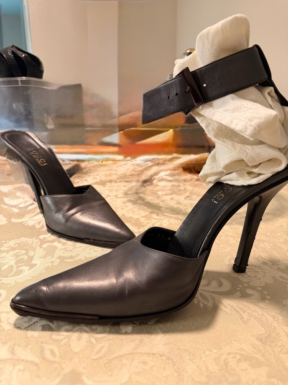 Gucci Gunmetal/ Gray Leather Pointed Toe Ankle-Strap Stiletto Heels 41